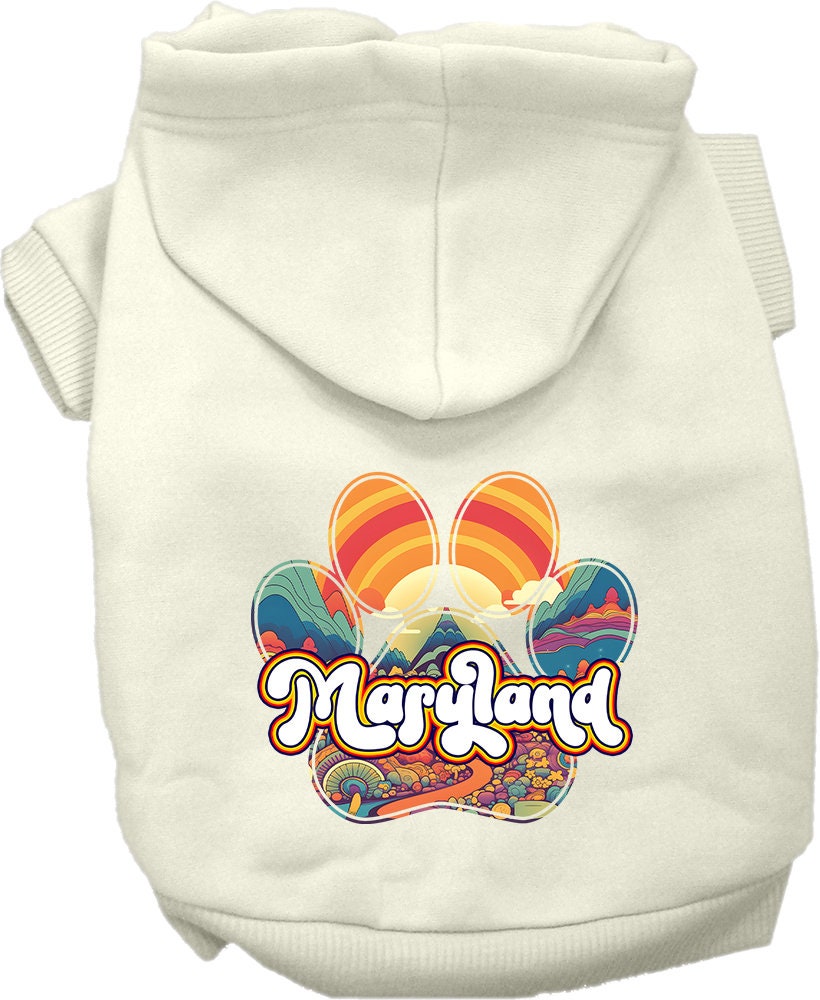 A small to medium pet wearing a Maryland Groovy Summit screen printed hoodie, showcasing its soft fabric and stylish design.