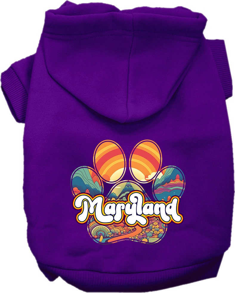 A small to medium pet wearing a Maryland Groovy Summit screen printed hoodie, showcasing its soft fabric and stylish design.