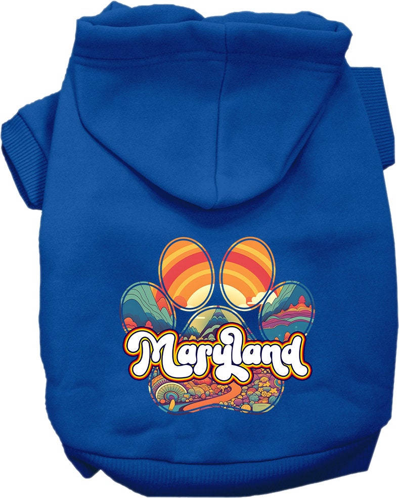 A small to medium pet wearing a Maryland Groovy Summit screen printed hoodie, showcasing its soft fabric and stylish design.