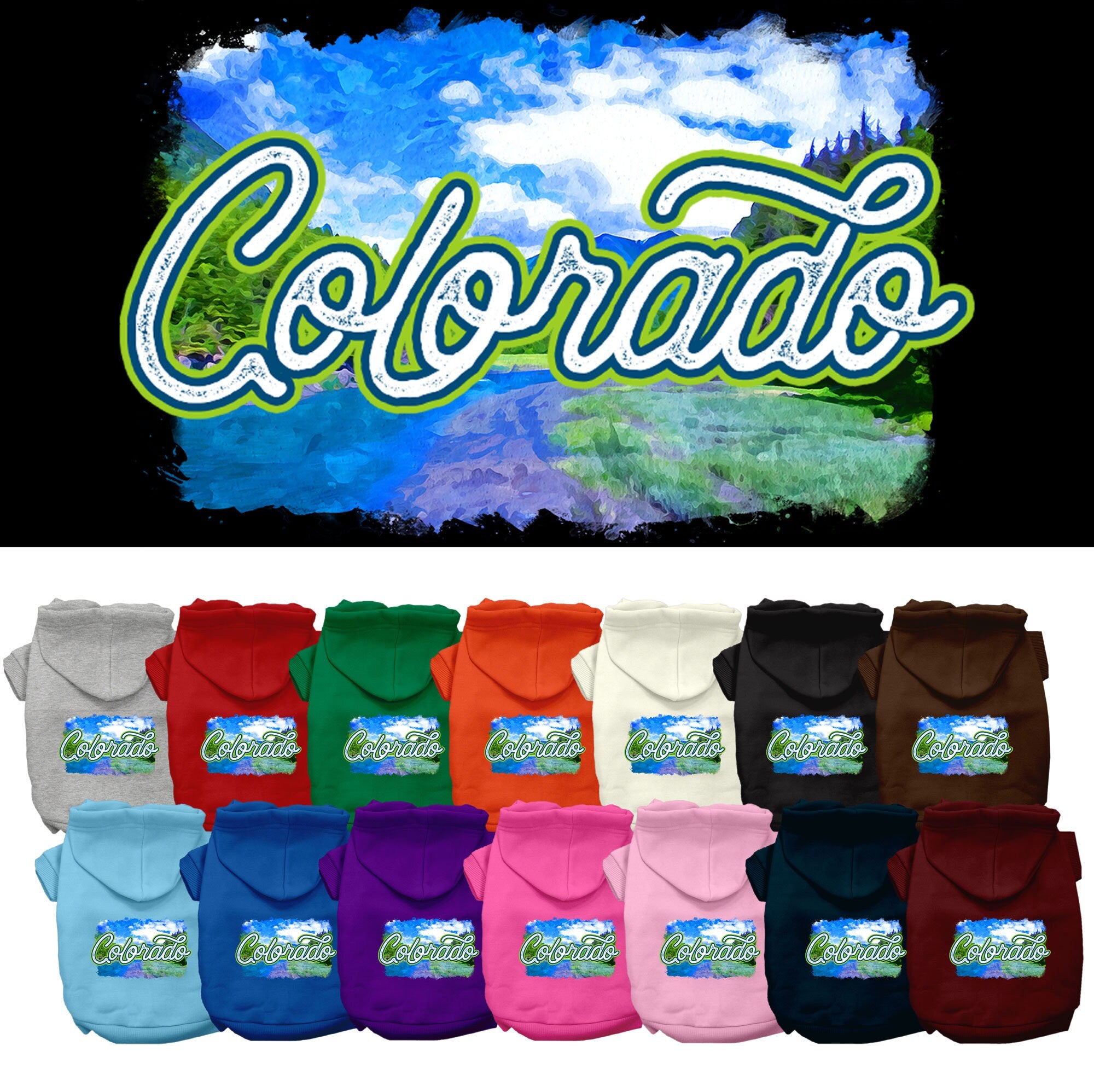 A cozy screen printed hoodie for small to medium pets, featuring a vibrant Colorado Summer design, perfect for dogs and cats.