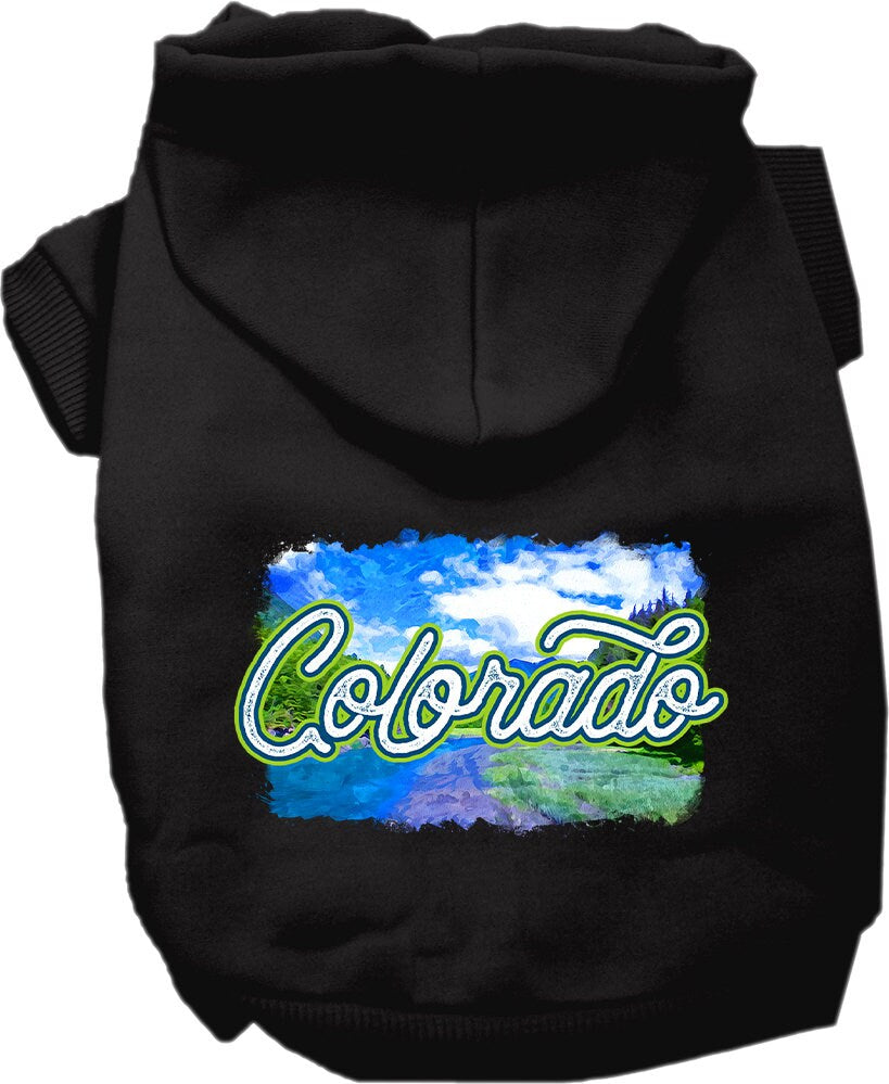 A cozy screen printed hoodie for small to medium pets, featuring a vibrant Colorado Summer design, perfect for dogs and cats.
