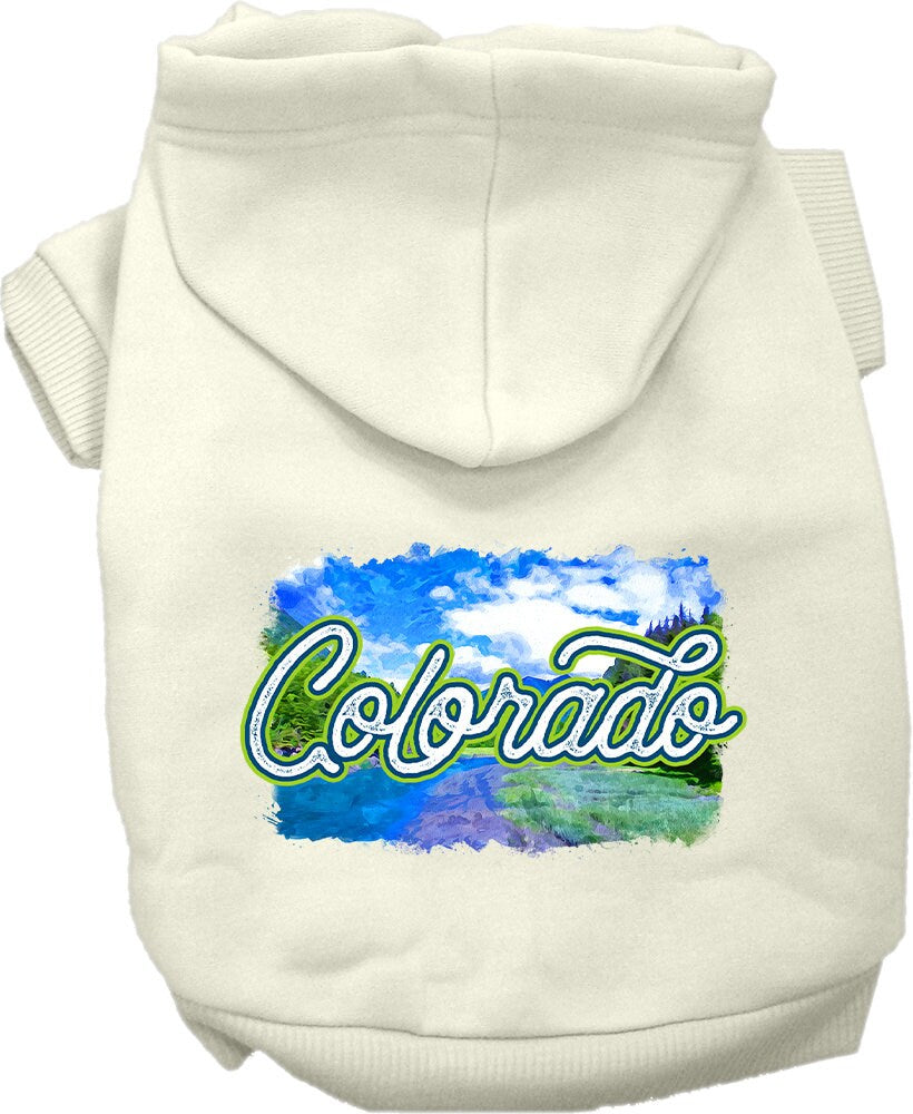 A cozy screen printed hoodie for small to medium pets, featuring a vibrant Colorado Summer design, perfect for dogs and cats.