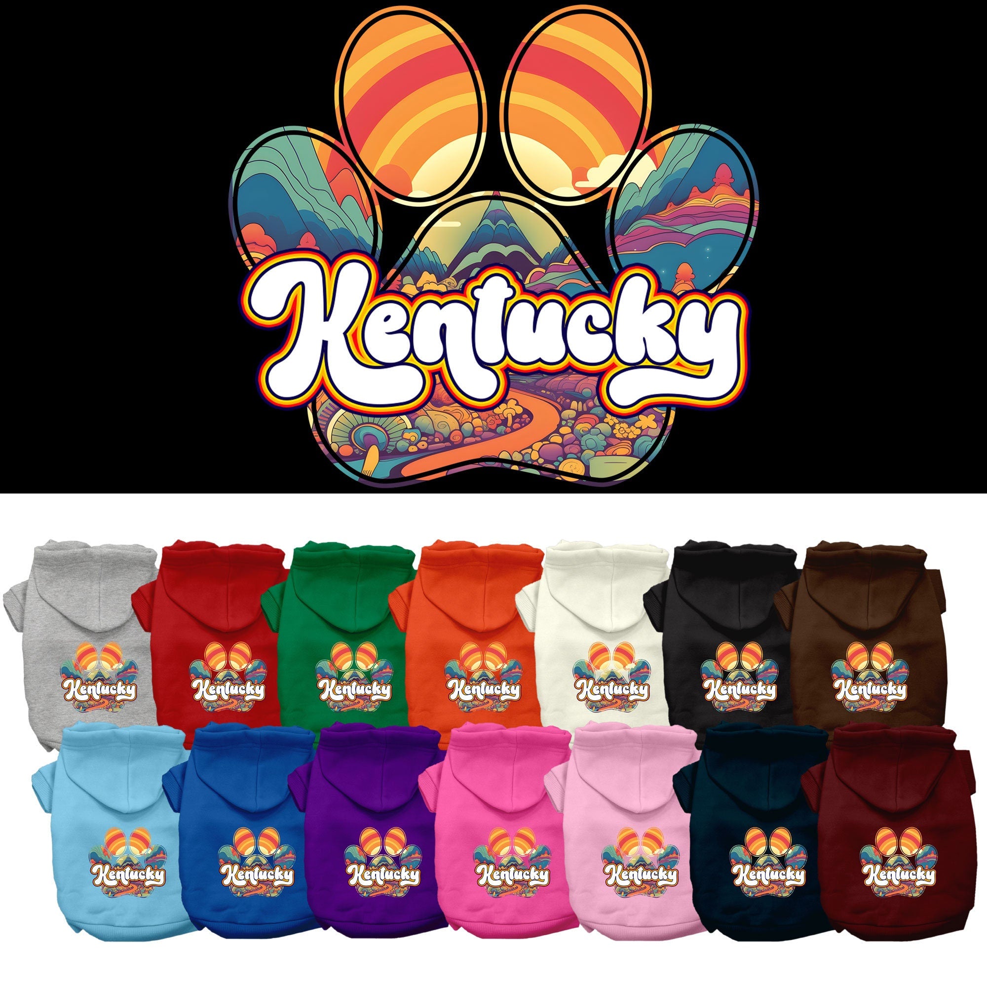 A cozy screen printed hoodie for small to medium pets, featuring the Kentucky Groovy Summit design, perfect for dogs and cats.