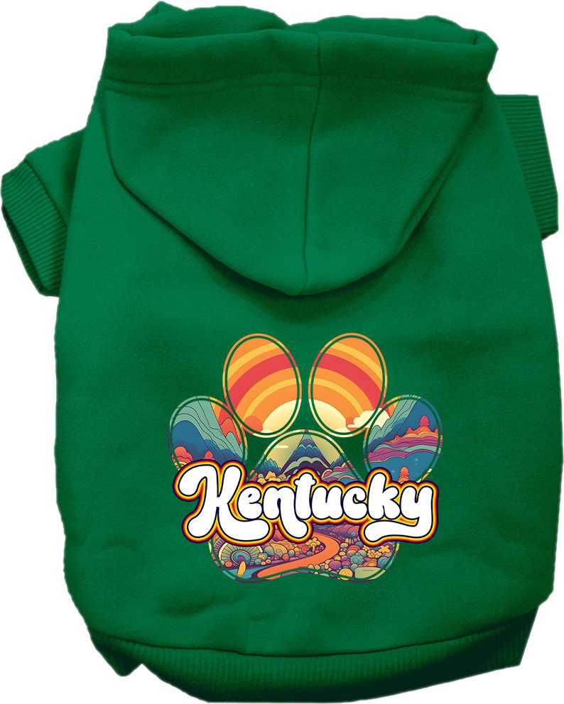 A cozy screen printed hoodie for small to medium pets, featuring the Kentucky Groovy Summit design, perfect for dogs and cats.