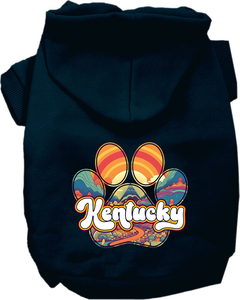 A cozy screen printed hoodie for small to medium pets, featuring the Kentucky Groovy Summit design, perfect for dogs and cats.