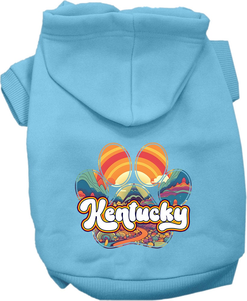 A cozy screen printed hoodie for small to medium pets, featuring the Kentucky Groovy Summit design, perfect for dogs and cats.