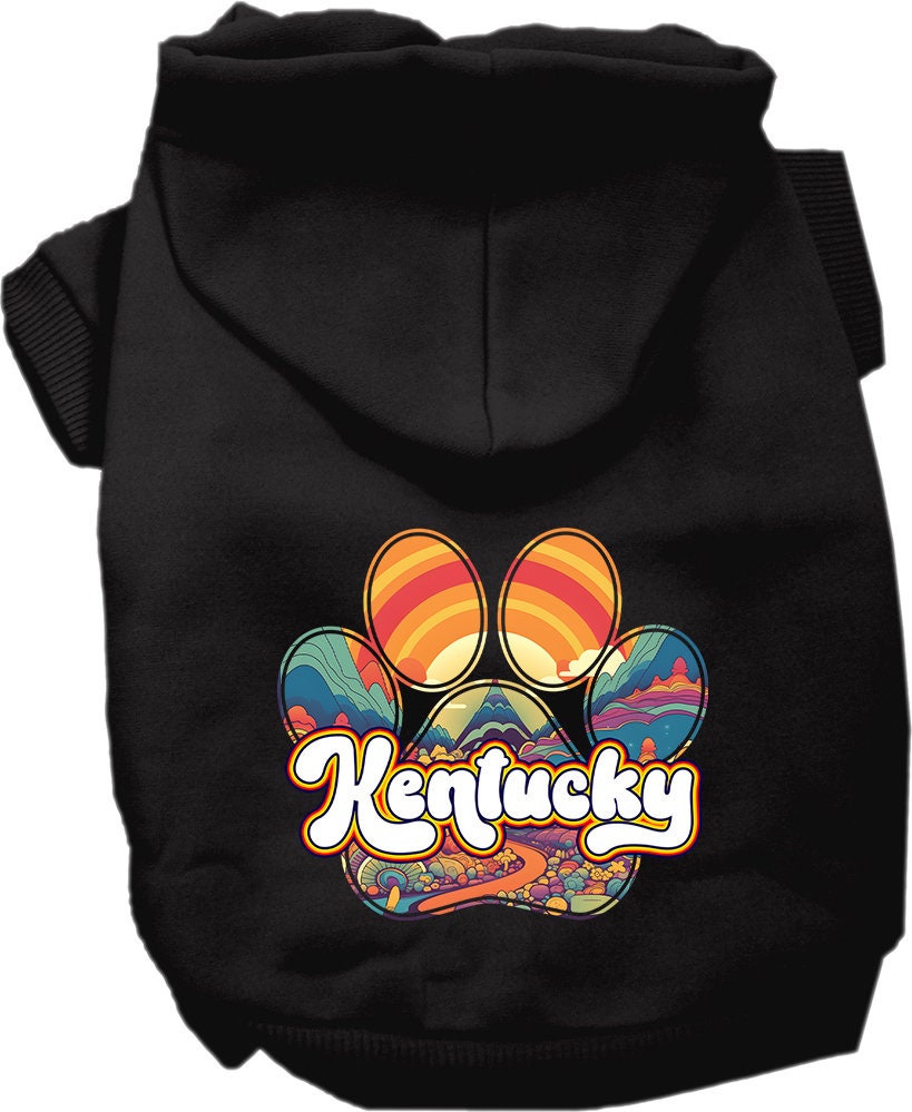 A cozy screen printed hoodie for small to medium pets, featuring the Kentucky Groovy Summit design, perfect for dogs and cats.