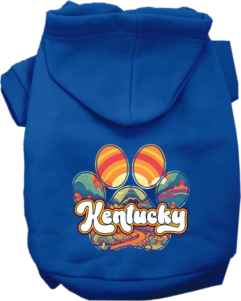 A cozy screen printed hoodie for small to medium pets, featuring the Kentucky Groovy Summit design, perfect for dogs and cats.