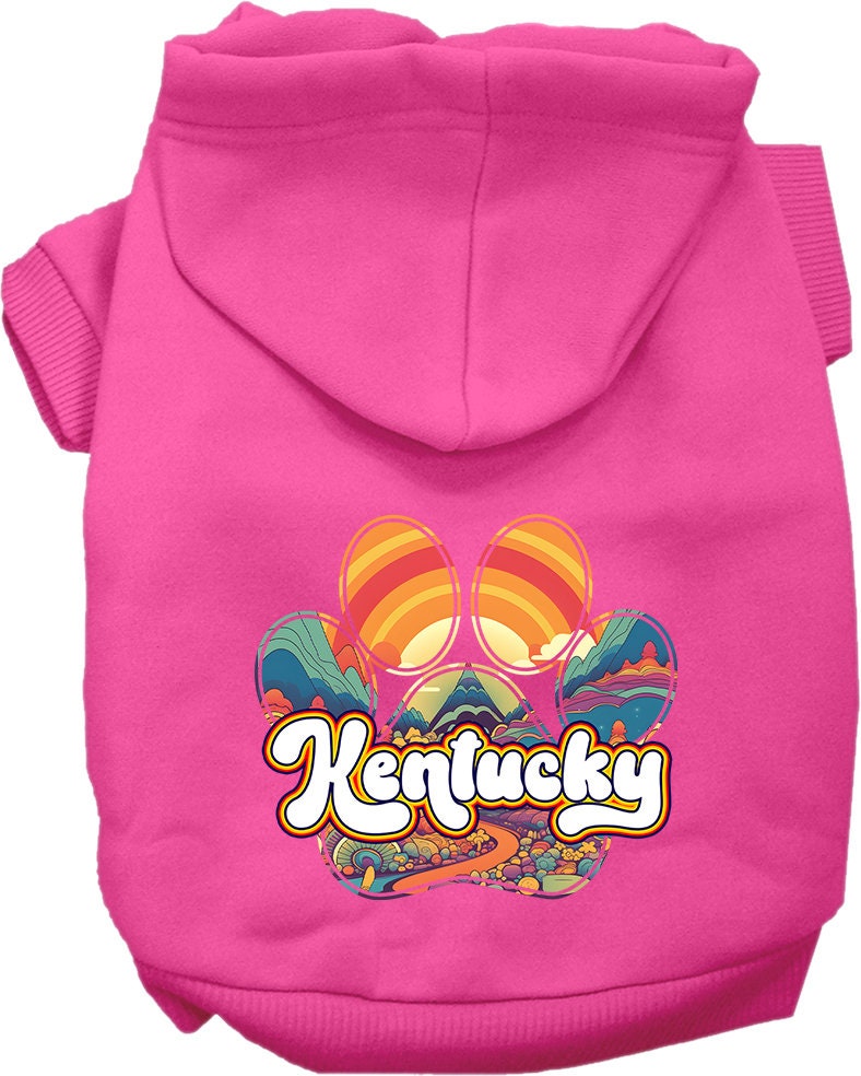 A cozy screen printed hoodie for small to medium pets, featuring the Kentucky Groovy Summit design, perfect for dogs and cats.