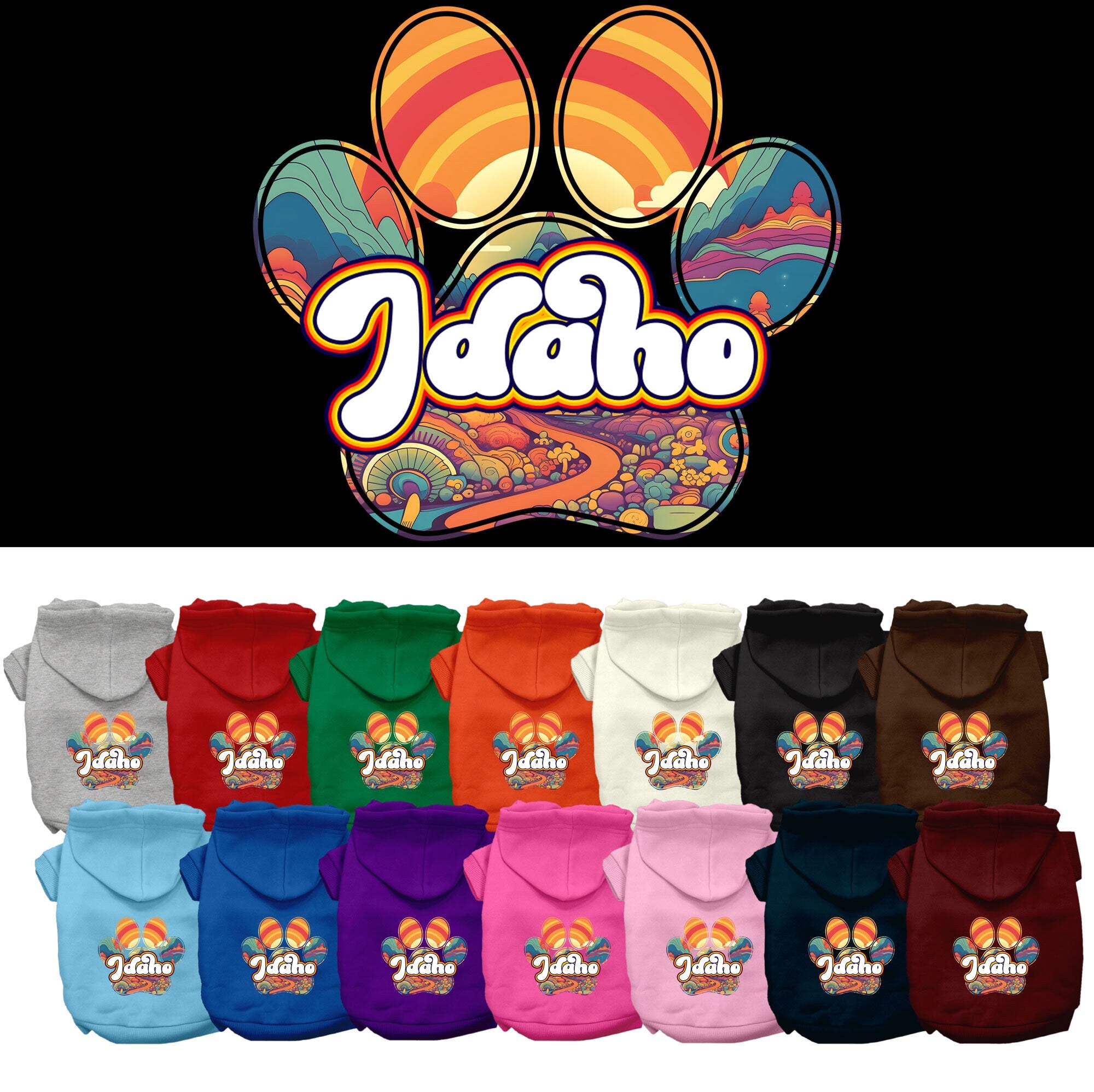 A cozy screen printed hoodie for small to medium pets, featuring the Idaho Groovy Summit design, showcasing its soft fabric and durable stitching.
