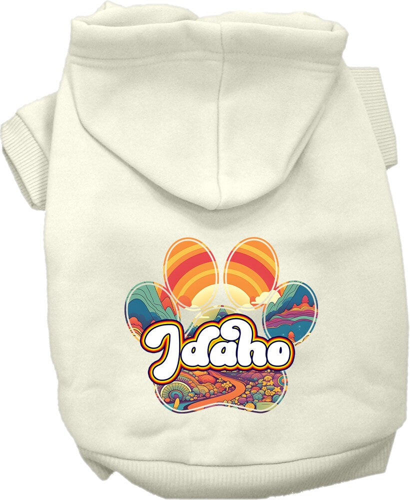 A cozy screen printed hoodie for small to medium pets, featuring the Idaho Groovy Summit design, showcasing its soft fabric and durable stitching.