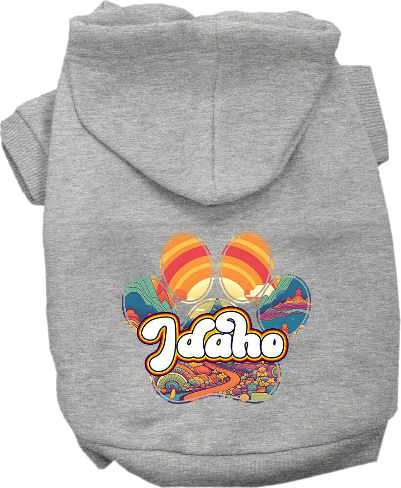 A cozy screen printed hoodie for small to medium pets, featuring the Idaho Groovy Summit design, showcasing its soft fabric and durable stitching.