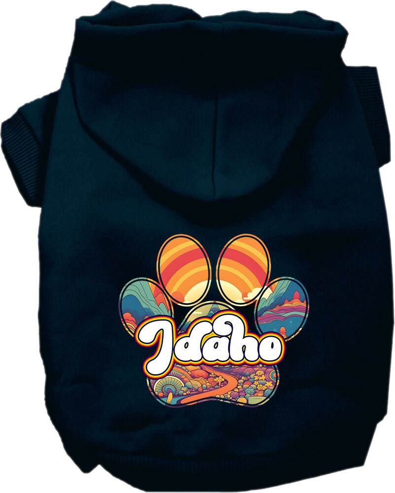A cozy screen printed hoodie for small to medium pets, featuring the Idaho Groovy Summit design, showcasing its soft fabric and durable stitching.