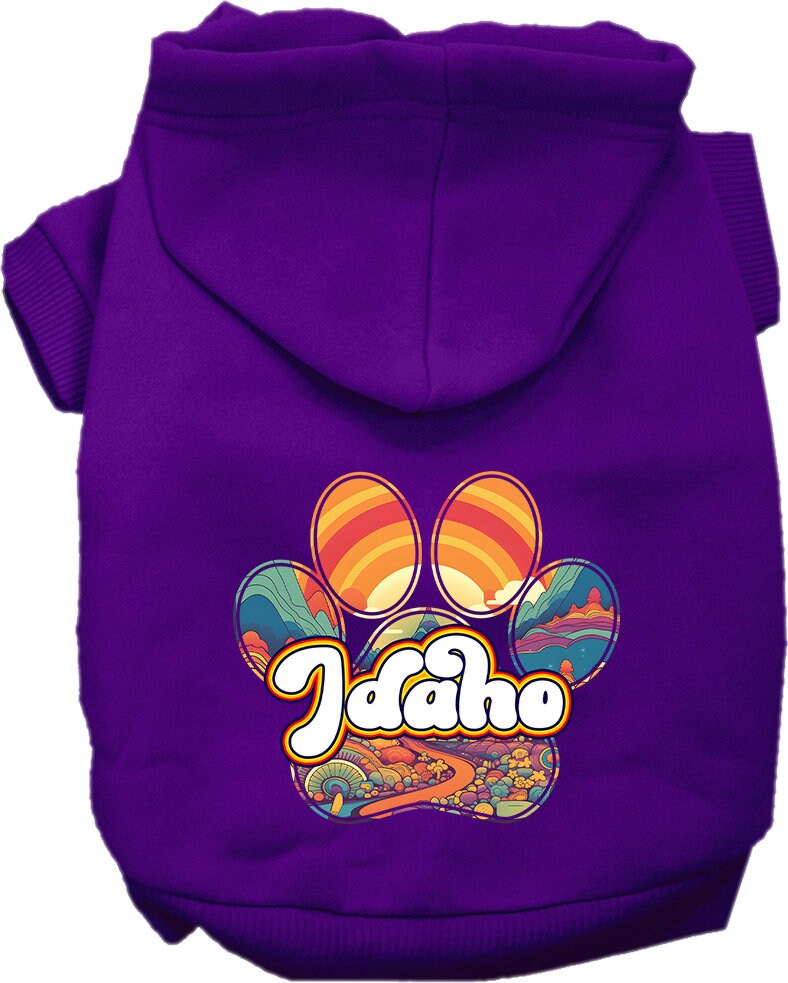 A cozy screen printed hoodie for small to medium pets, featuring the Idaho Groovy Summit design, showcasing its soft fabric and durable stitching.