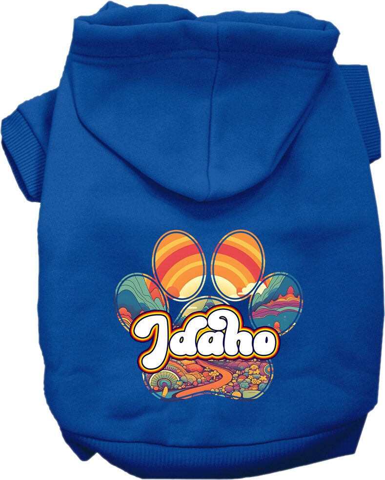 A cozy screen printed hoodie for small to medium pets, featuring the Idaho Groovy Summit design, showcasing its soft fabric and durable stitching.
