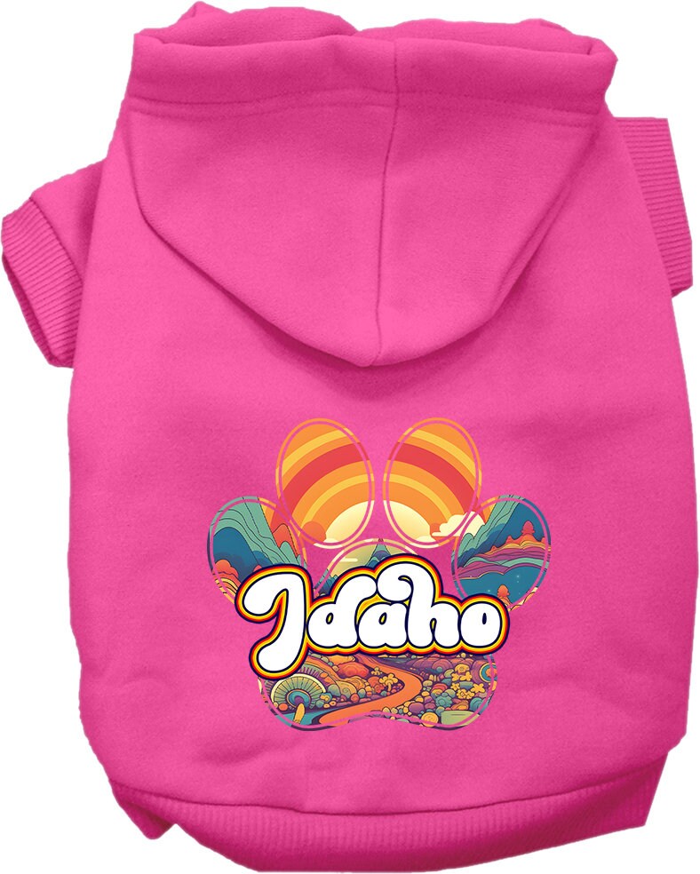 A cozy screen printed hoodie for small to medium pets, featuring the Idaho Groovy Summit design, showcasing its soft fabric and durable stitching.