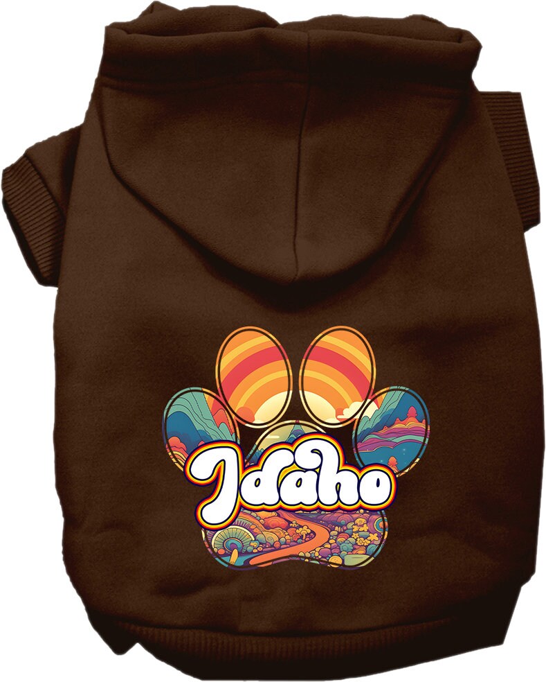 A cozy screen printed hoodie for small to medium pets, featuring the Idaho Groovy Summit design, showcasing its soft fabric and durable stitching.