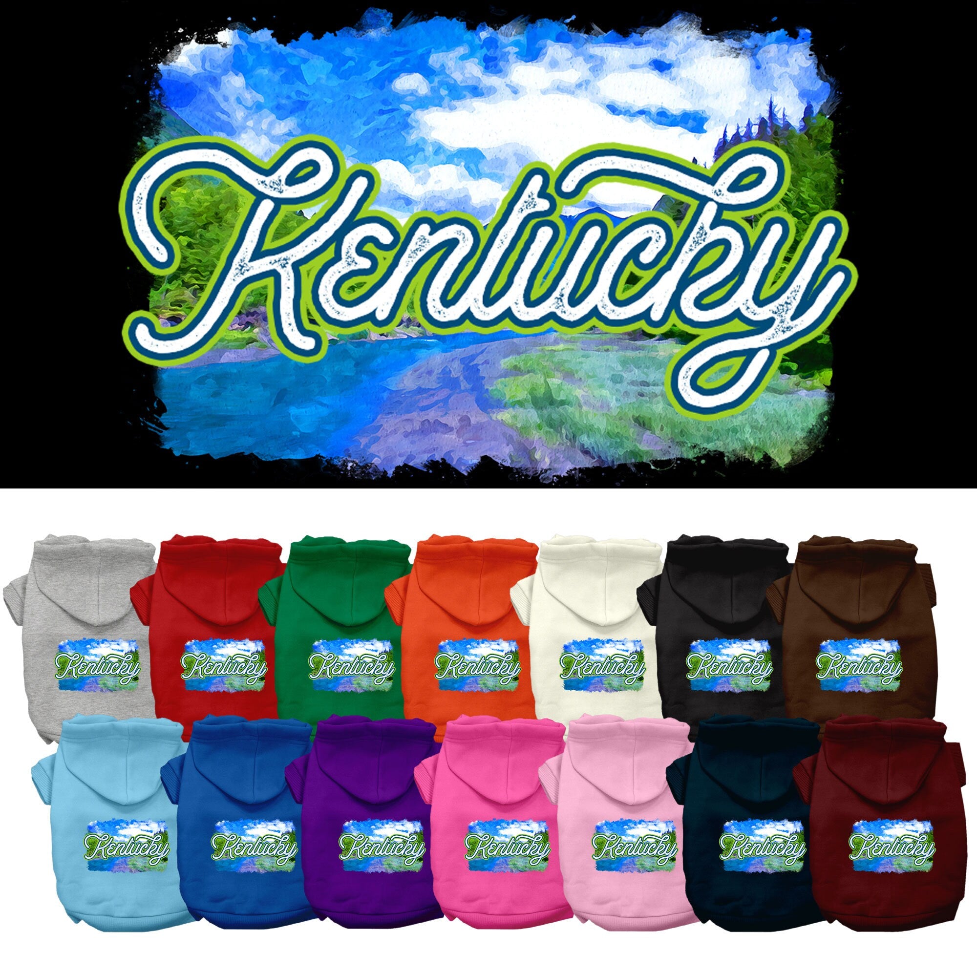 A cozy screen printed hoodie for small to medium pets, featuring a stylish Kentucky Summer design, made from soft cotton and polyester blend.