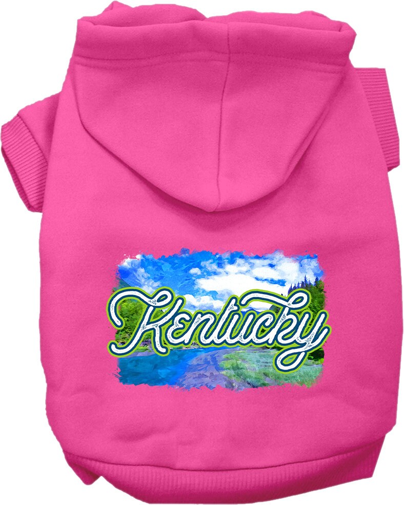 A cozy screen printed hoodie for small to medium pets, featuring a stylish Kentucky Summer design, made from soft cotton and polyester blend.