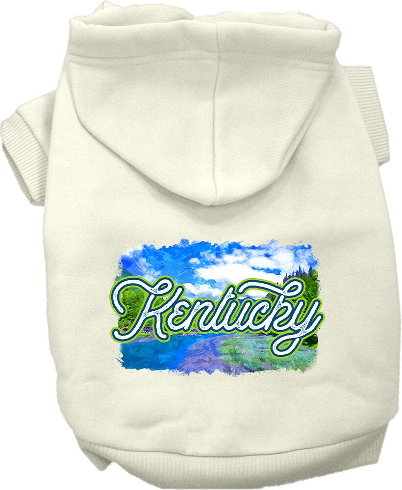 A cozy screen printed hoodie for small to medium pets, featuring a stylish Kentucky Summer design, made from soft cotton and polyester blend.