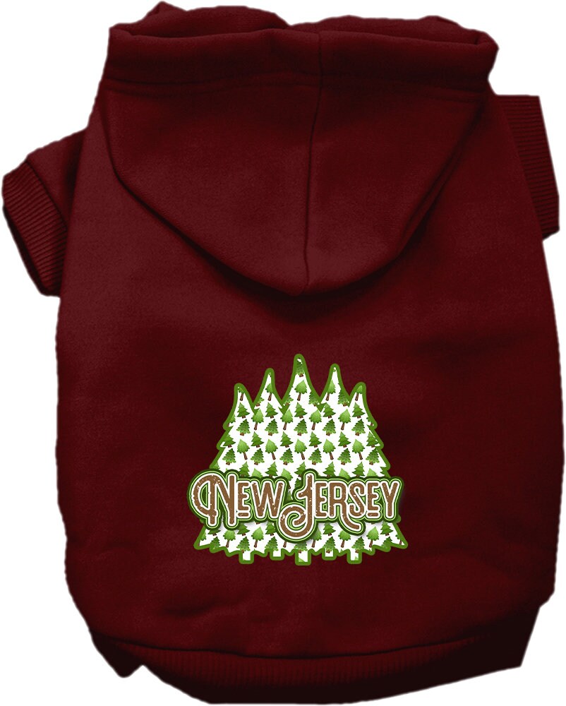 A cozy screen printed hoodie for small to medium pets featuring a New Jersey Woodland Trees design, perfect for chilly weather.