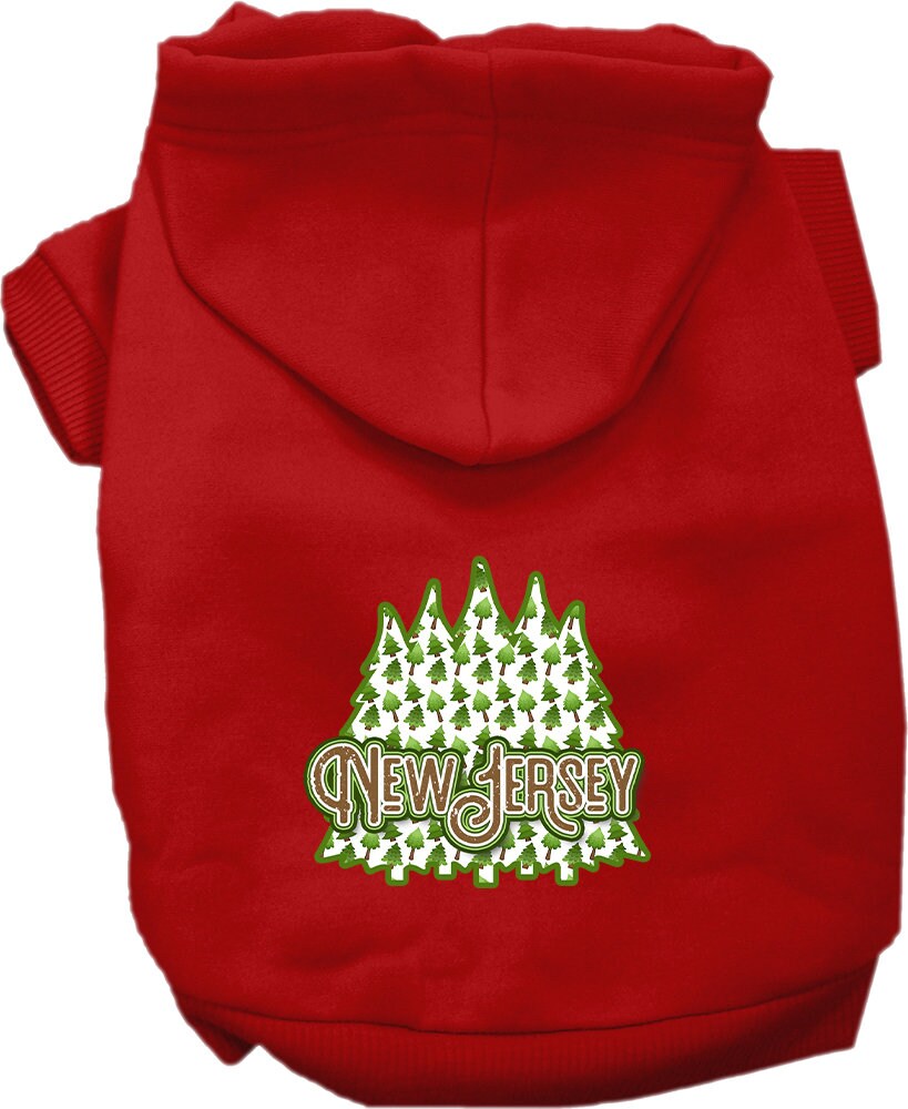 A cozy screen printed hoodie for small to medium pets featuring a New Jersey Woodland Trees design, perfect for chilly weather.