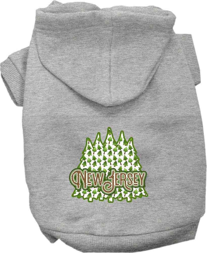 A cozy screen printed hoodie for small to medium pets featuring a New Jersey Woodland Trees design, perfect for chilly weather.