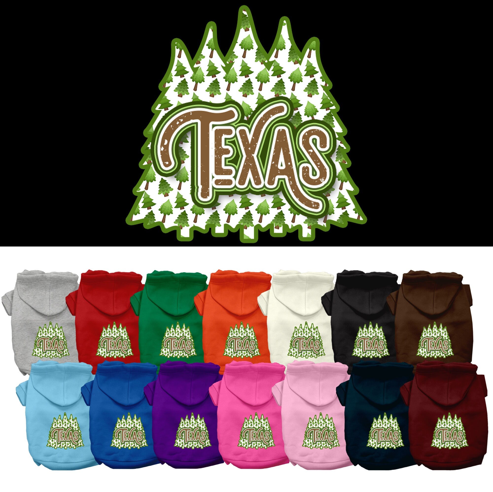 A cozy screen printed hoodie for small to medium pets featuring a Texas Woodland Trees design, perfect for dogs and cats.