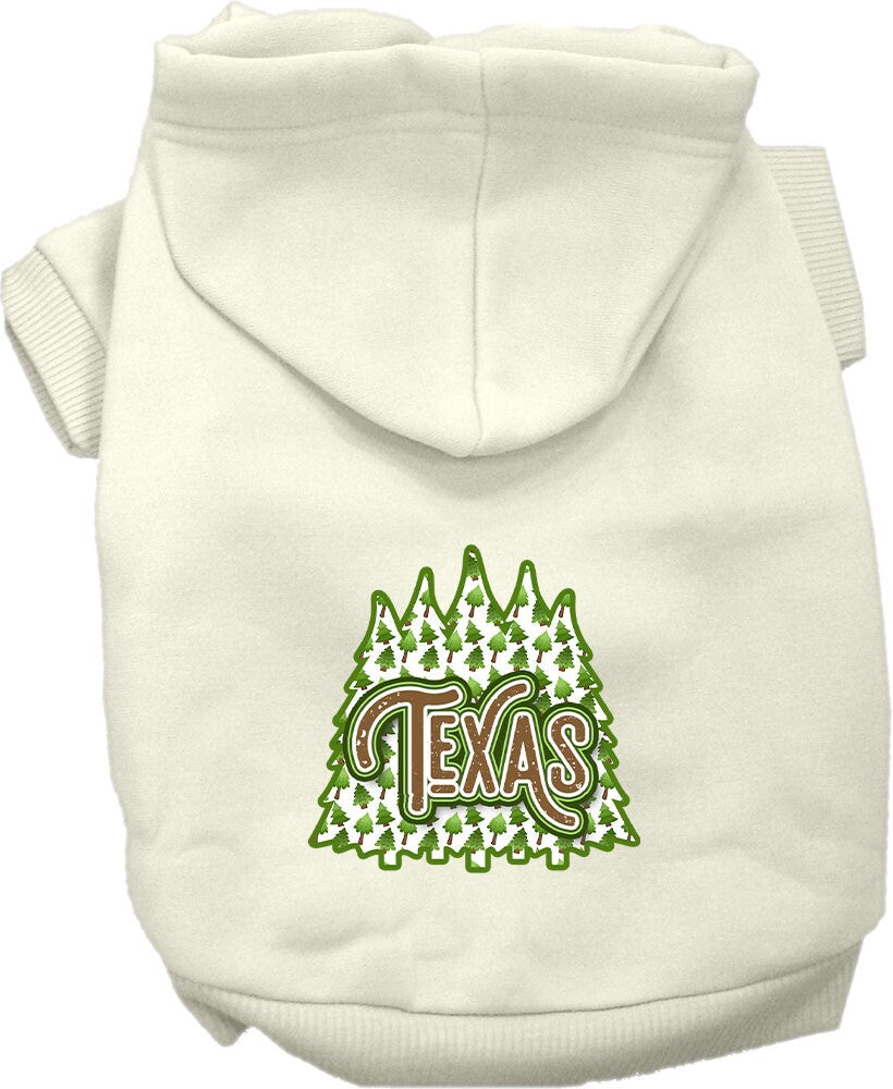 A cozy screen printed hoodie for small to medium pets featuring a Texas Woodland Trees design, perfect for dogs and cats.
