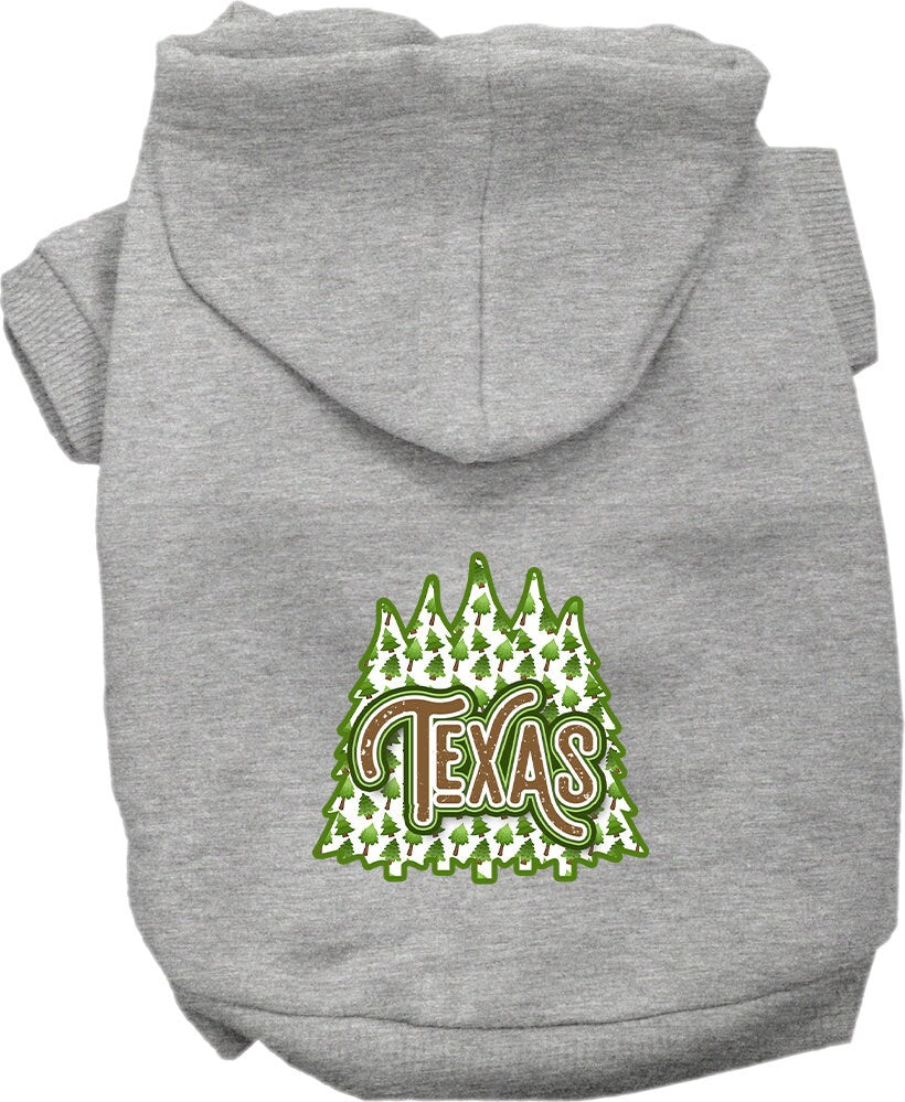 A cozy screen printed hoodie for small to medium pets featuring a Texas Woodland Trees design, perfect for dogs and cats.