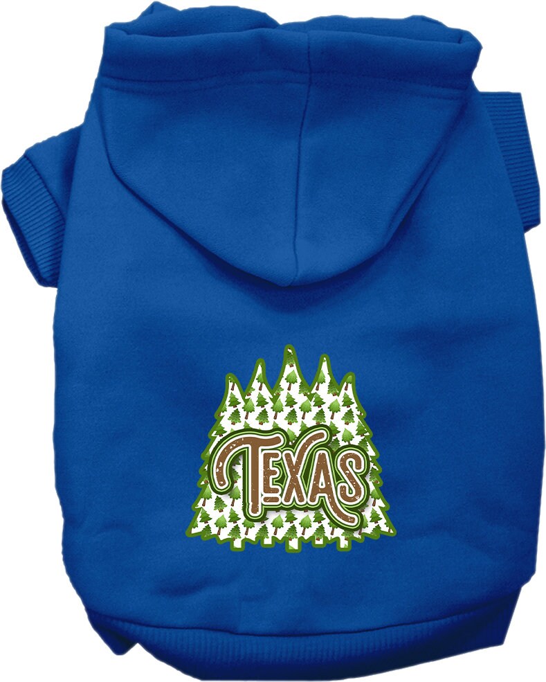 A cozy screen printed hoodie for small to medium pets featuring a Texas Woodland Trees design, perfect for dogs and cats.