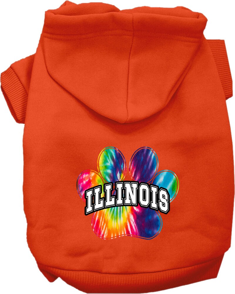 A small to medium pet wearing a colorful Illinois Bright Tie Dye hoodie, showcasing its soft fabric and convenient leash access hole.