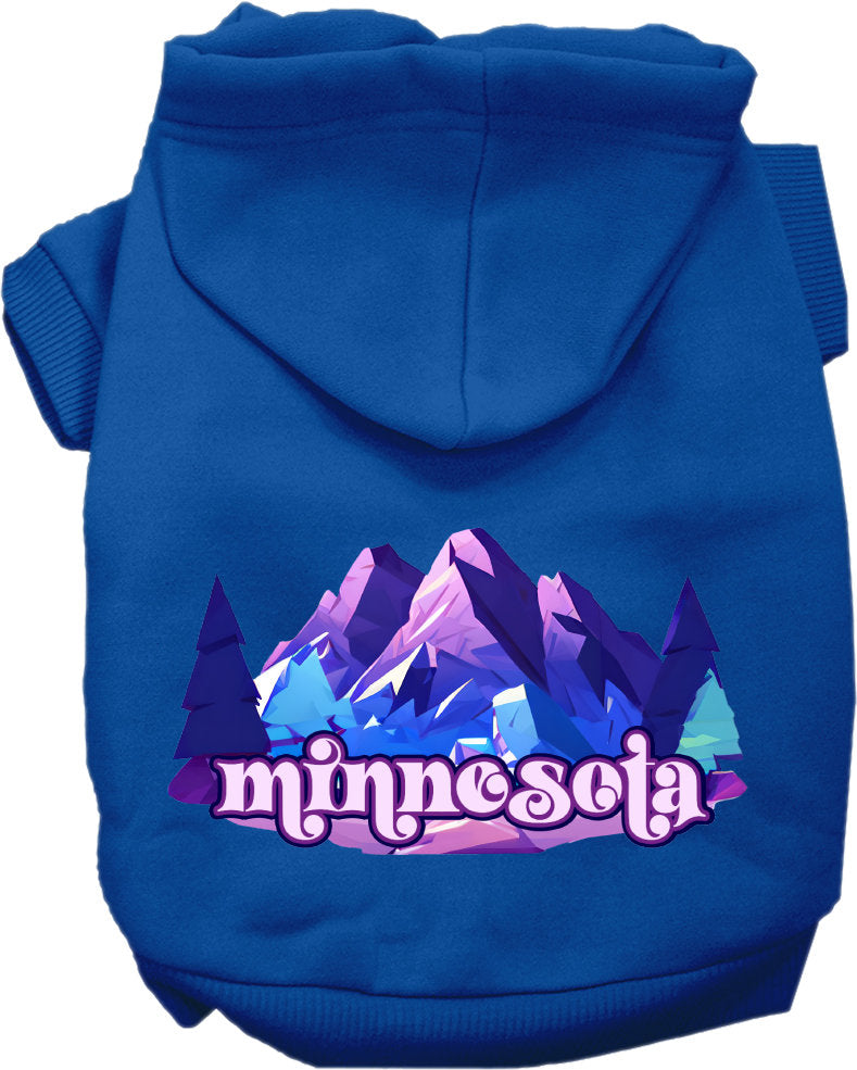 A cozy pet hoodie featuring the Minnesota Alpine Pawscape design, suitable for small to medium dogs and cats, showcasing its soft fabric and durable stitching.