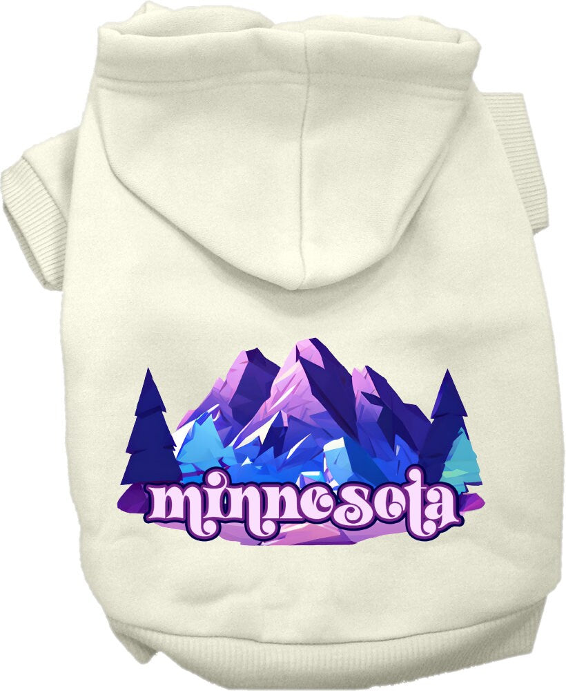 A cozy pet hoodie featuring the Minnesota Alpine Pawscape design, suitable for small to medium dogs and cats, showcasing its soft fabric and durable stitching.