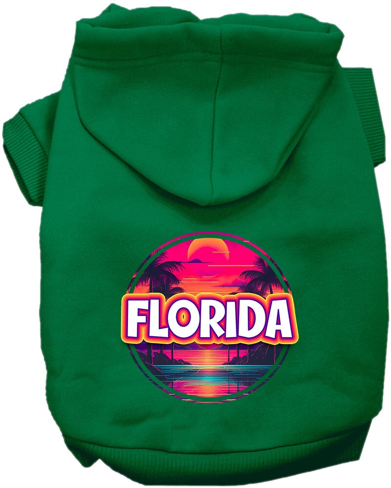 A small to medium pet wearing a vibrant Florida Neon Beach Sunset hoodie, showcasing its soft fabric and stylish design.