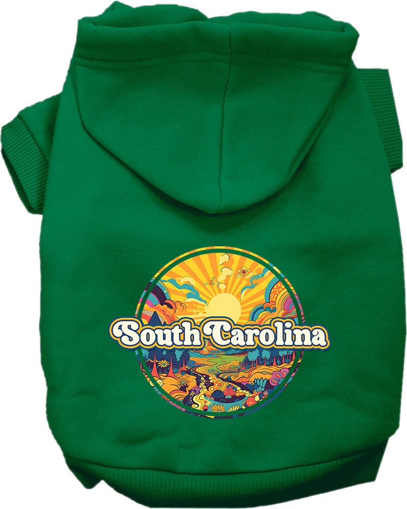 A cozy pet hoodie for small to medium dogs and cats, featuring a vibrant South Carolina Trippy Peaks design, perfect for chilly weather.