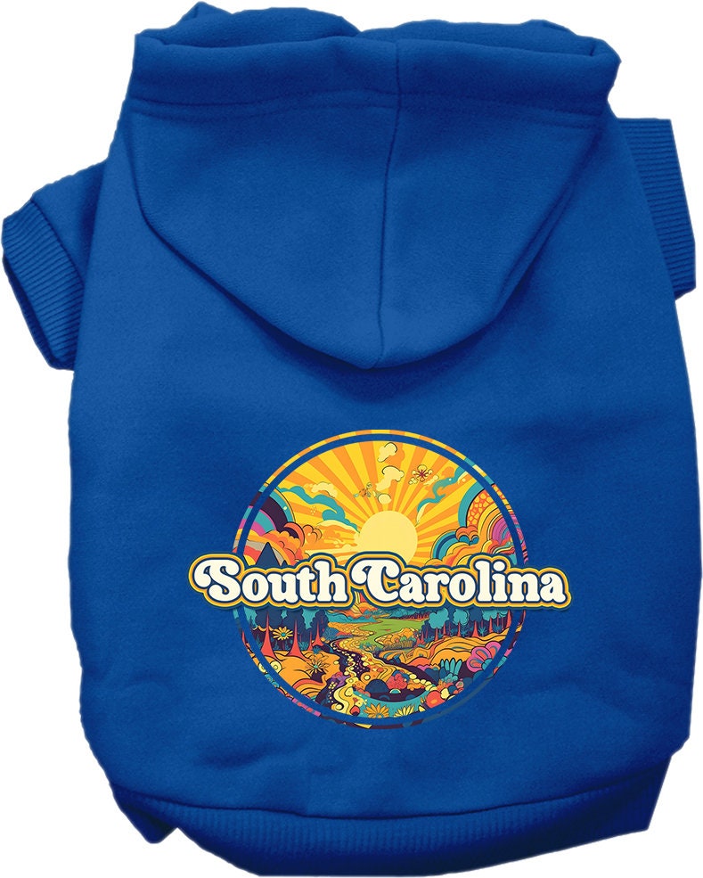 A cozy pet hoodie for small to medium dogs and cats, featuring a vibrant South Carolina Trippy Peaks design, perfect for chilly weather.