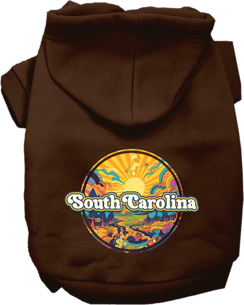 A cozy pet hoodie for small to medium dogs and cats, featuring a vibrant South Carolina Trippy Peaks design, perfect for chilly weather.