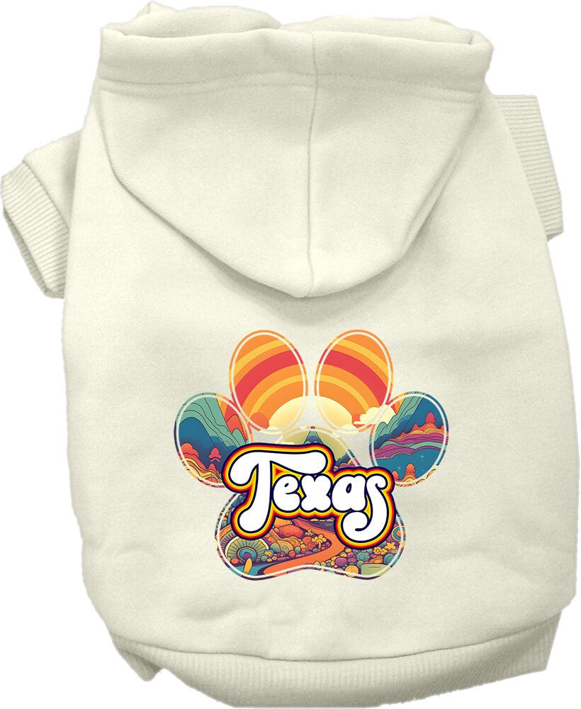 A cozy screen printed hoodie for small to medium pets, featuring a stylish Texas Groovy Summit design, perfect for dogs and cats.