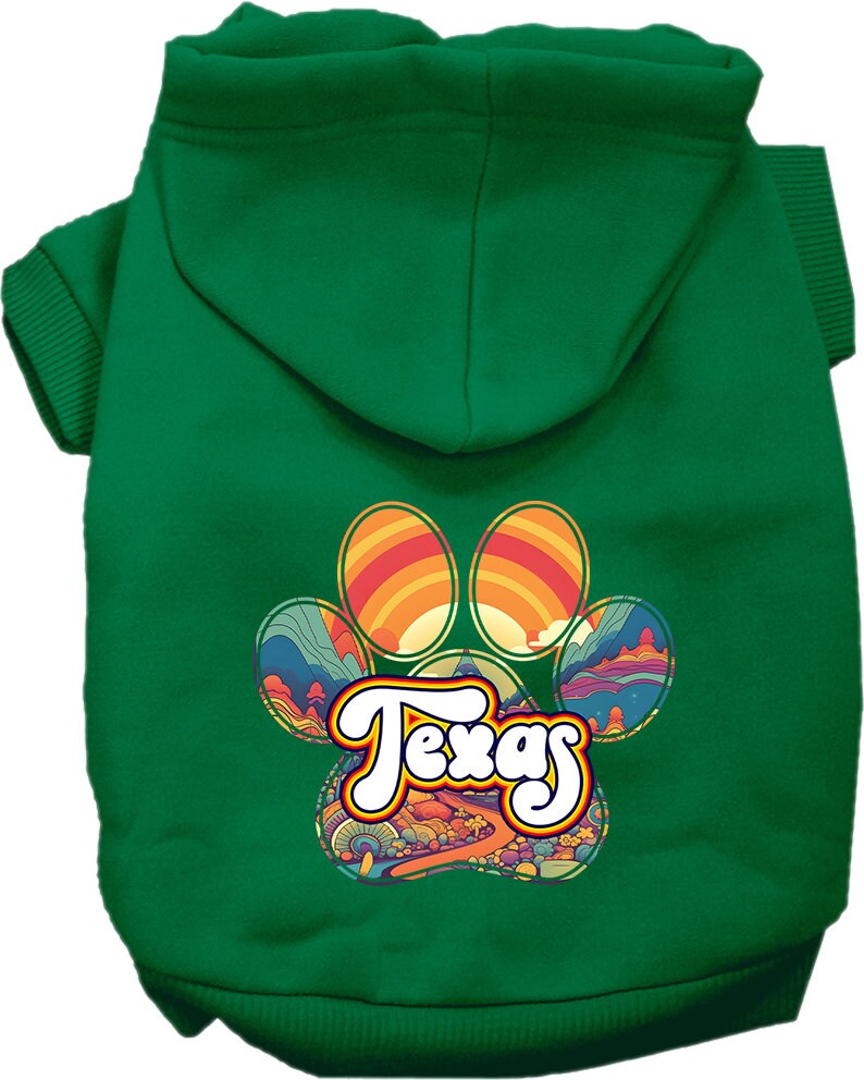 A cozy screen printed hoodie for small to medium pets, featuring a stylish Texas Groovy Summit design, perfect for dogs and cats.