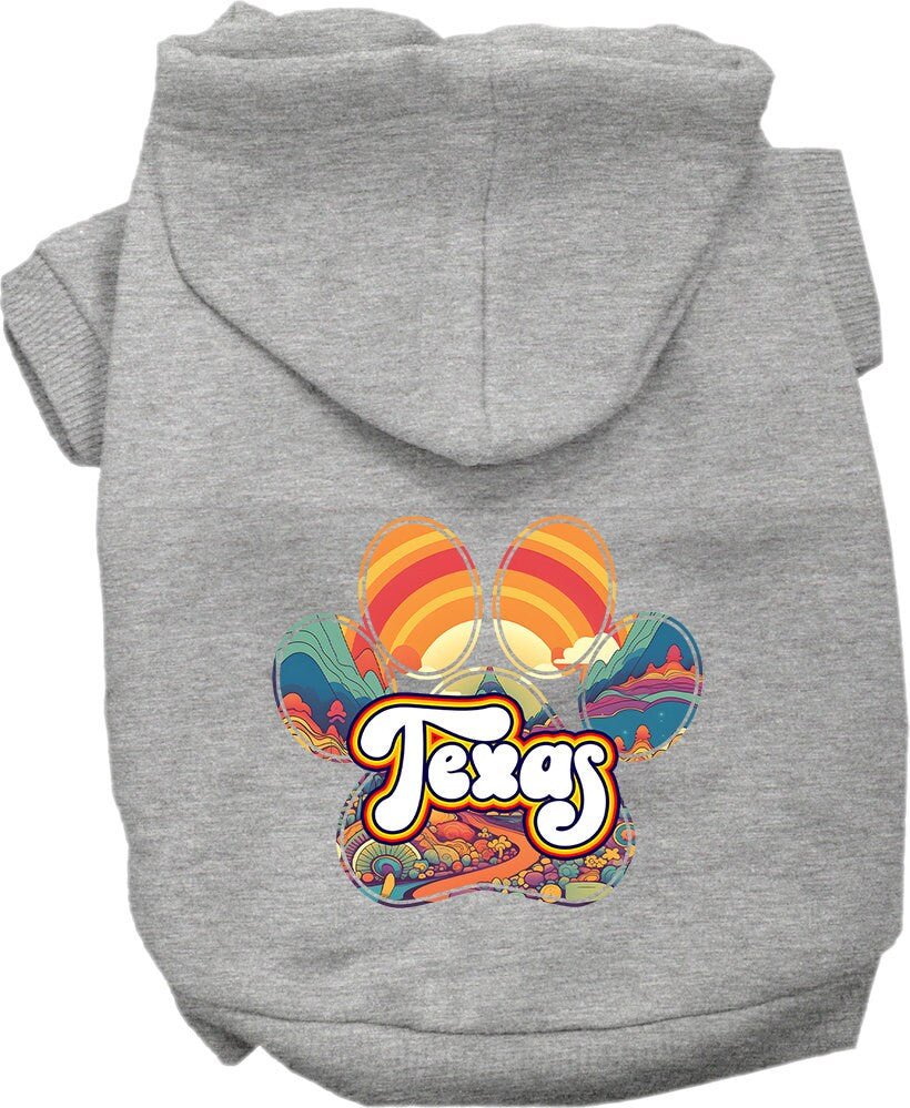 A cozy screen printed hoodie for small to medium pets, featuring a stylish Texas Groovy Summit design, perfect for dogs and cats.
