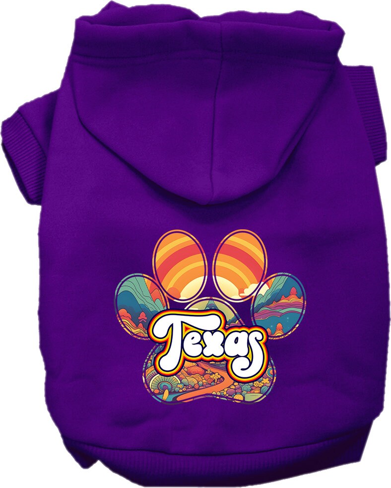 A cozy screen printed hoodie for small to medium pets, featuring a stylish Texas Groovy Summit design, perfect for dogs and cats.