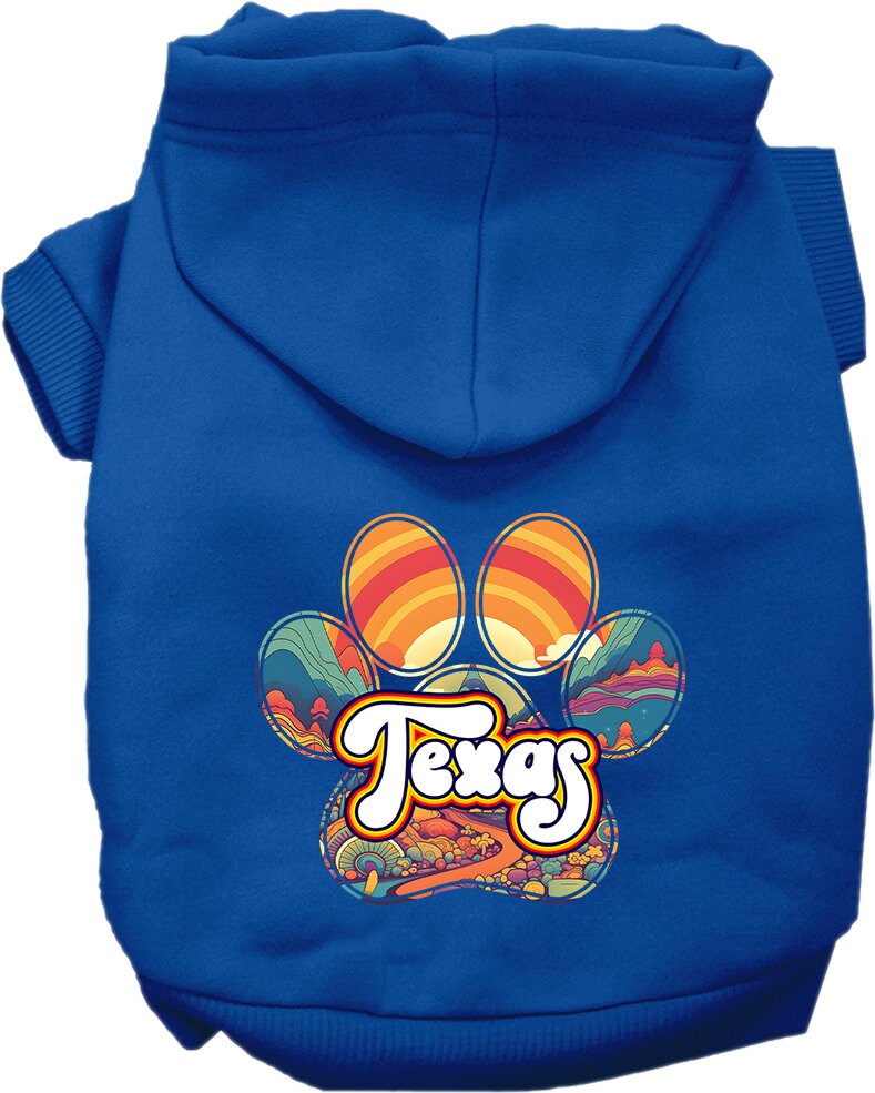 A cozy screen printed hoodie for small to medium pets, featuring a stylish Texas Groovy Summit design, perfect for dogs and cats.