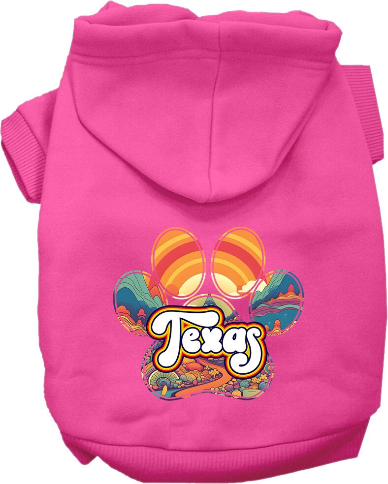 A cozy screen printed hoodie for small to medium pets, featuring a stylish Texas Groovy Summit design, perfect for dogs and cats.