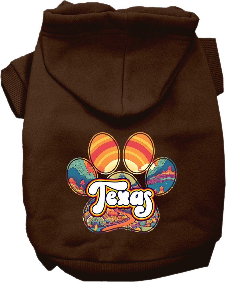 A cozy screen printed hoodie for small to medium pets, featuring a stylish Texas Groovy Summit design, perfect for dogs and cats.