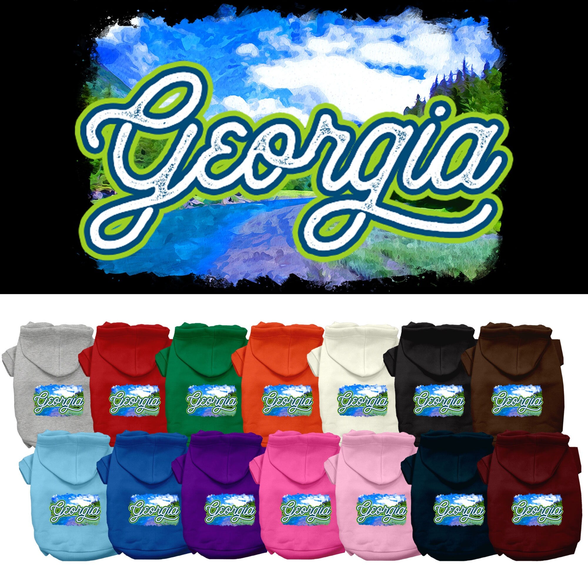 A cozy screen printed hoodie for small to medium pets, featuring a vibrant 'Georgia Summer' design, perfect for dogs and cats.