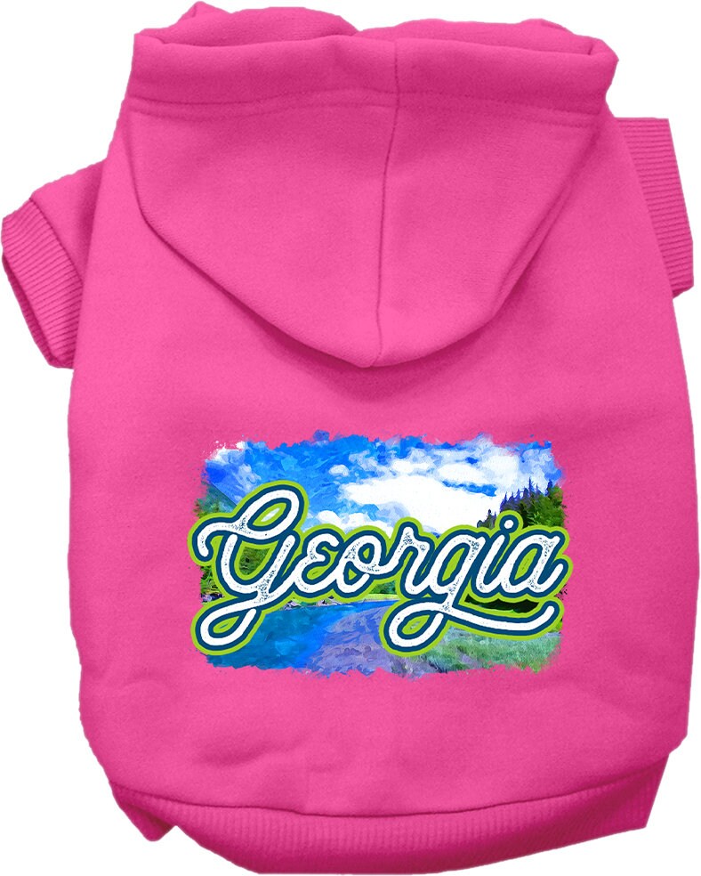 A cozy screen printed hoodie for small to medium pets, featuring a vibrant 'Georgia Summer' design, perfect for dogs and cats.