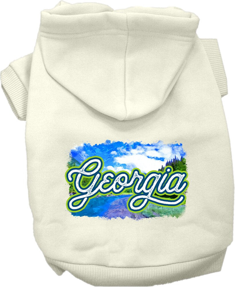 A cozy screen printed hoodie for small to medium pets, featuring a vibrant 'Georgia Summer' design, perfect for dogs and cats.