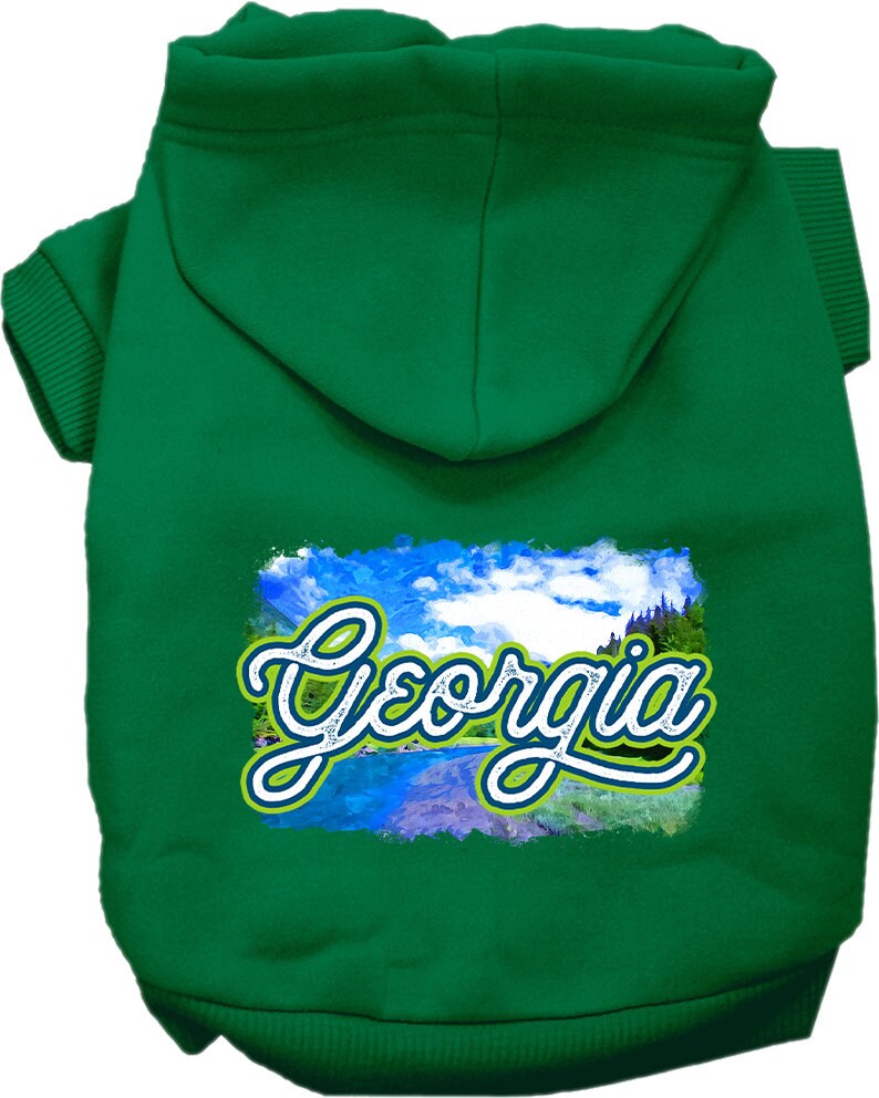 A cozy screen printed hoodie for small to medium pets, featuring a vibrant 'Georgia Summer' design, perfect for dogs and cats.