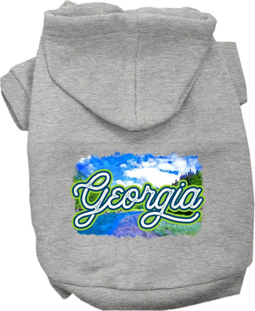 A cozy screen printed hoodie for small to medium pets, featuring a vibrant 'Georgia Summer' design, perfect for dogs and cats.